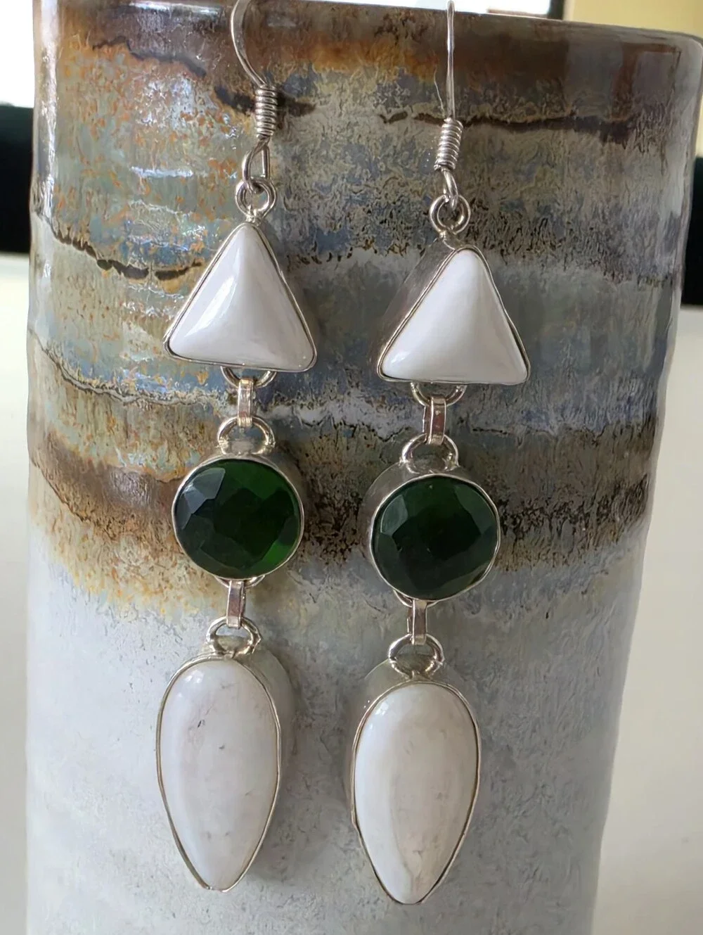 Green Crystal & White Gemstone Earrings Sterling Silver 925